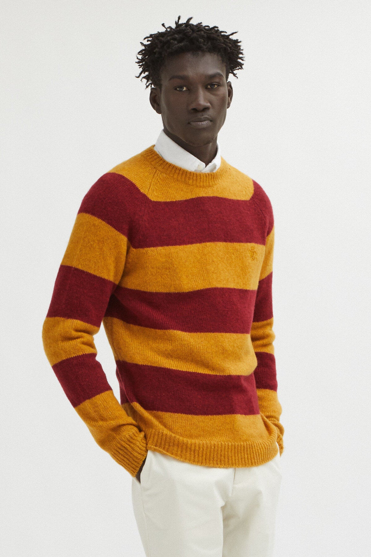 Shetland Stripes Crew Neck Tawny Gold Stripe Baracuta