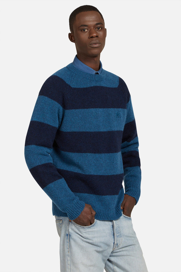 Shetland Stripes Crew Neck Navy Peacock Stripe Baracuta